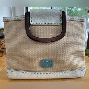 Nice Sigrid Olsen tan textured bag w/white leather trim & wood handles.